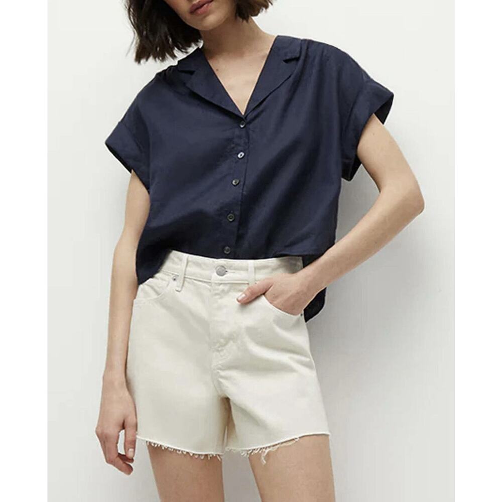 Veronica Beard Kasa Linen Short Sleeve Button-up Shirt Navy Blue Size XS